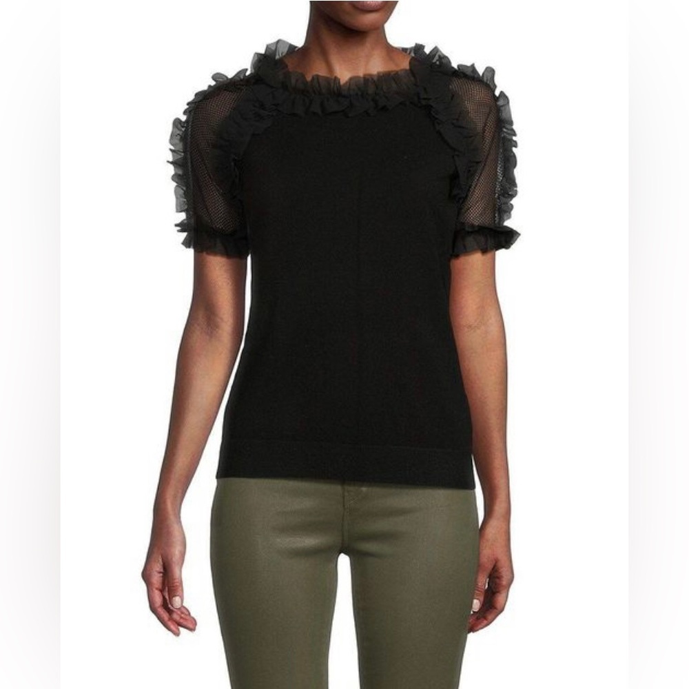 Sioni Women's Black Mixed Media Mesh & Ruffle Elegant Blouse-Size M